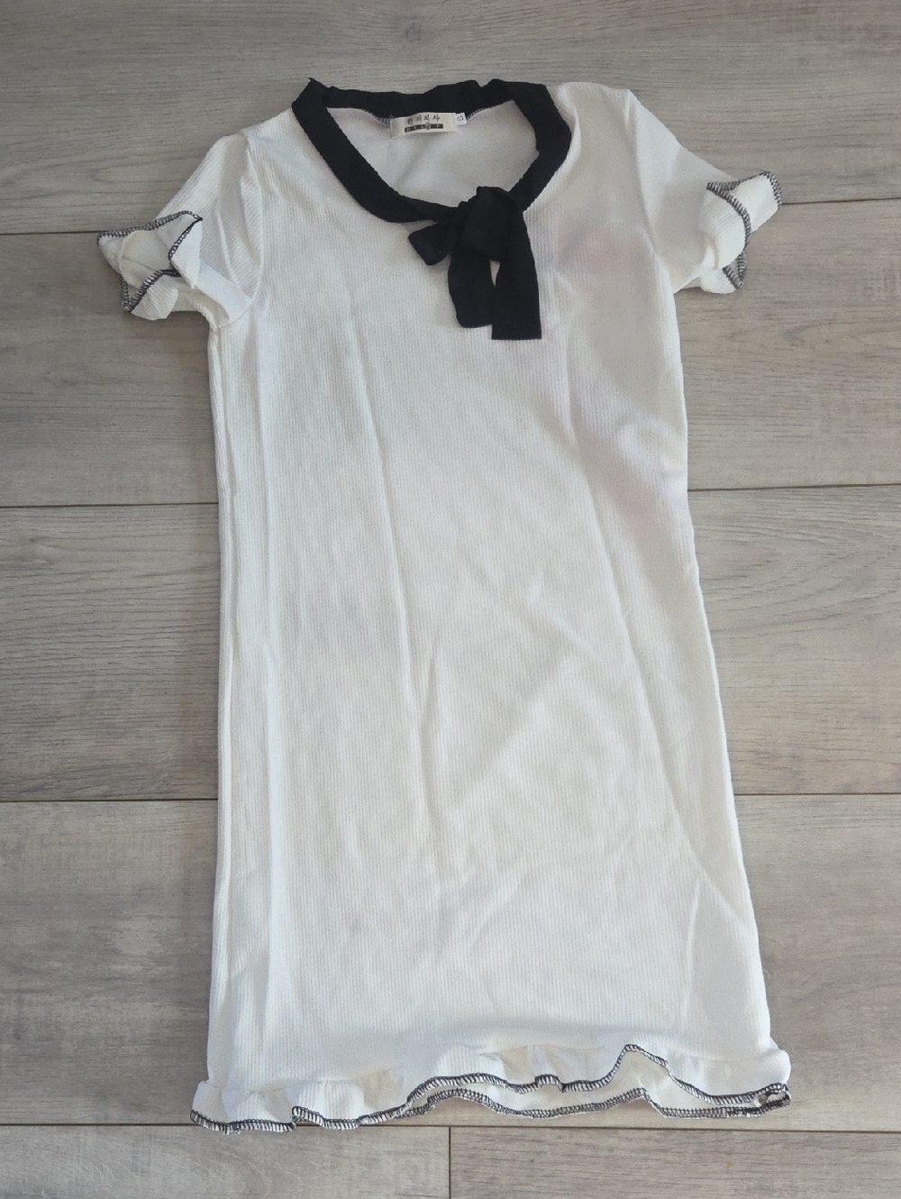 White Knit Bow Tie Short Sleeve Mini Dress with Black Trim